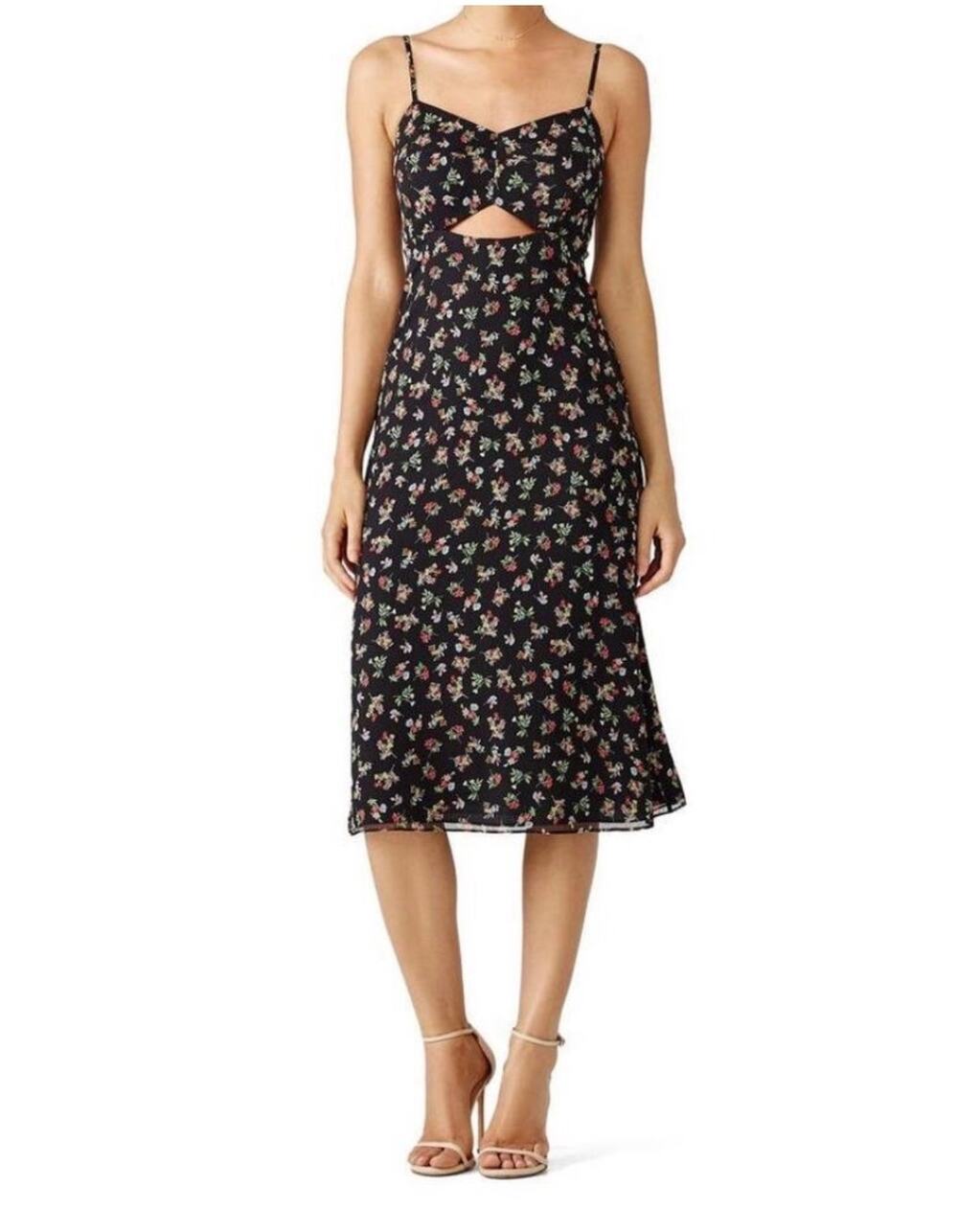 BAILEY 44 Front Cutout Spaghetti Strap Midi Dress Black Floral Size 6